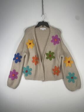 Threaded Leaf Cardigan Sweater Womens Medium Beige Flower Crochet Open Front